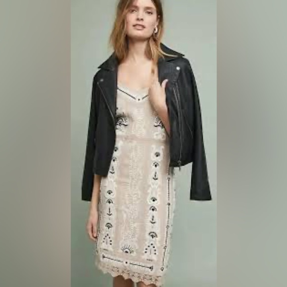 Anthropologie Maeve Beige Embroidered Lace Slip Midi Dress S spaghetti straps - Picture 1 of 11